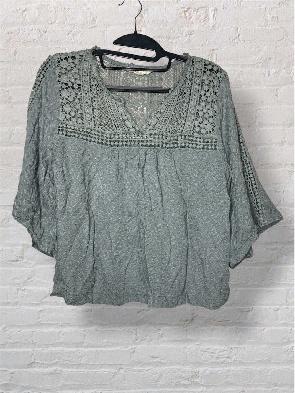 Lovestitch Sage Green Crochet Lace Boho Peasant Blouse Top S
